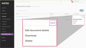 Document center in Xello and the cursor is clicking the three-dot menu next to a document. The options in the menu are Edit document details, Download, and Delete.